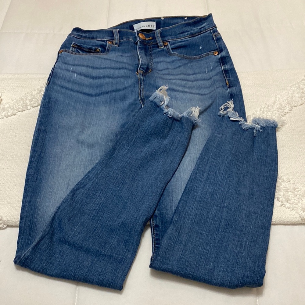LOFT High Rise Distressed Bottom Jeans